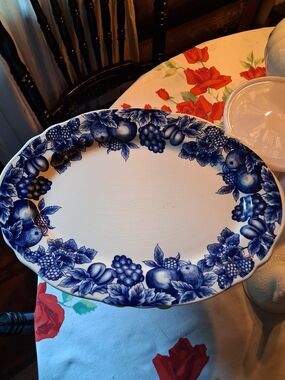 Blue Floral Fruit Border Oval Serving Platter - White and Blue Vintage